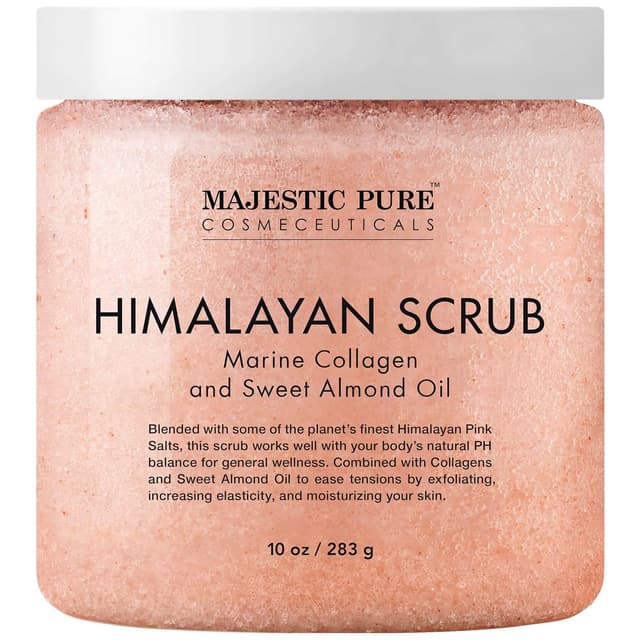Detalle de Majestic Pure Himalayan Pink Salt Body Scrub with Collagen & Sweet Almond Oil (10 oz) — Exfoliating Salt Scrub for Smooth, Hydrated Skin