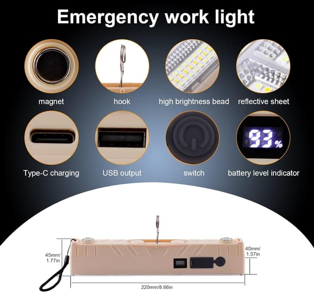 Detalle de CREATESTAR Lampada da lavoro 22 cm ricaricabile Type-C con base magnetica e gancio, 5 modalità luce