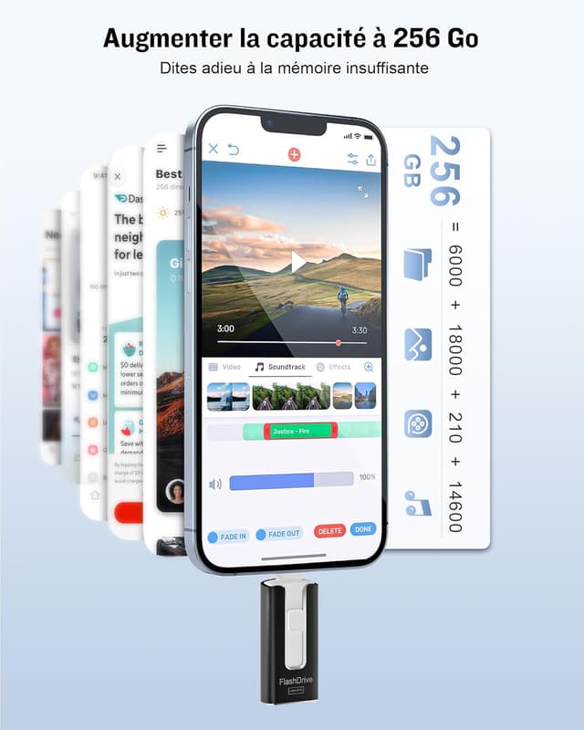 Detalle 2 de GNASEET Clé USB 256 Go 4-en-1 USB‑C/Lightning/USB3.0 pour photos