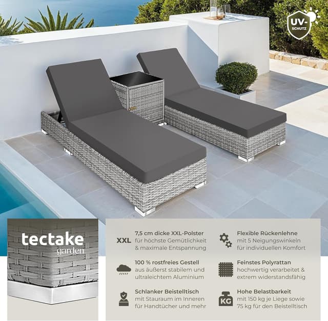 Detalle de tectake® 2er Garten Lounge Sonnenliegen-Set mit Tisch (2er Set, hellgrau)
