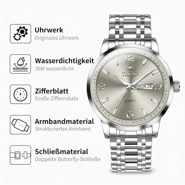 Detalle de Taxau Herren Uhr wasserdicht aus Edelstahl mit Datumsanzeige – Business & Luxus-Look