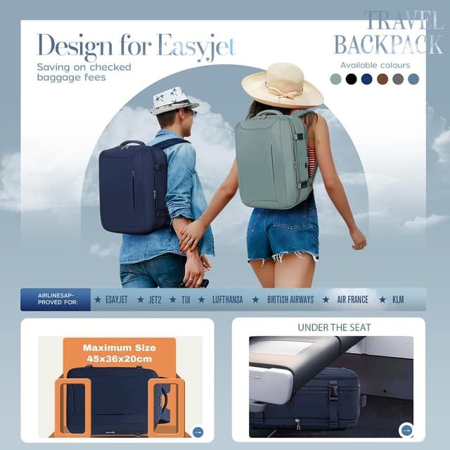 Detalle 2 de Xkdoai cabin bag backpack for Easyjet (45 x 36 x 20cm) with TSA-style clear toiletry bag