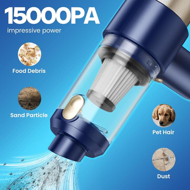 Detalle 2 de Mecanto Mecanto Car Vacuum Handheld Vacuum Cleaner (Blue) — 15000PA Suction, HEPA Filter, Air Duster & Blower