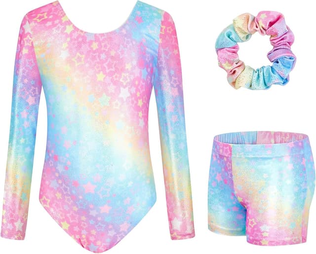 Detalle de JiAmy girls’ gymnastics leotards with shorts set (long sleeve) for ages 3–12