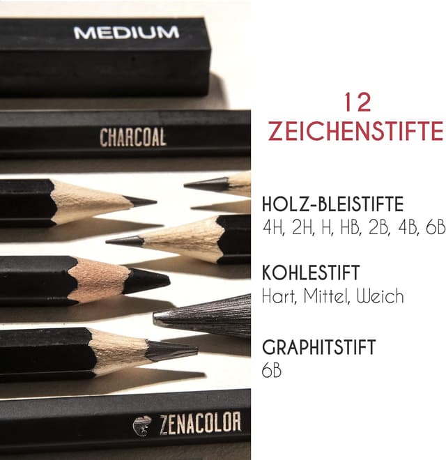 Detalle 2 de Komplettes Zeichnen Set mit Zeichenblock – 19 Zubehörteile (Zenacolor) inkl. 100-Seitigem Skizzenbuch