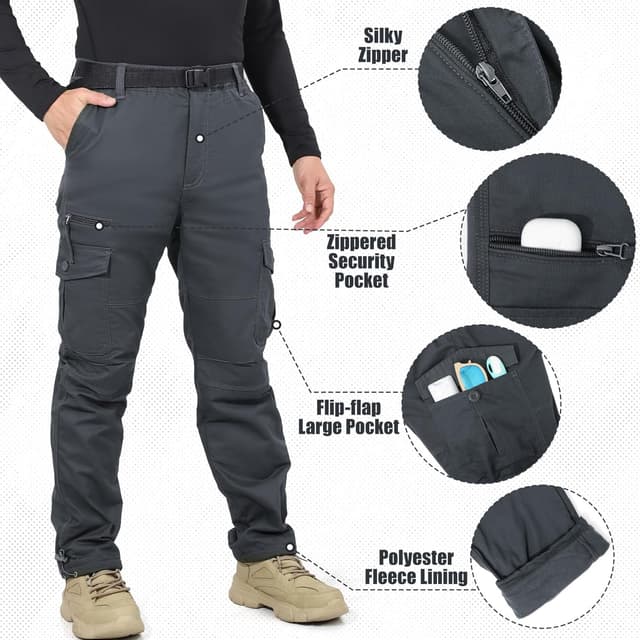 Detalle de LY4U Men’s Fleece Lined Cargo Thermal Trousers with Elastic Waistband and Adjustable Ankle Cuffs