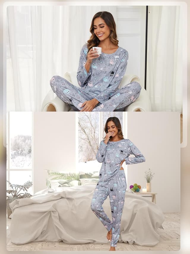 Detalle de Reliwel Damen-Schlafanzug Lang aus Baumwolle – Pyjama-Set mit Langarm-Oberteil und langer Schlafanzughose