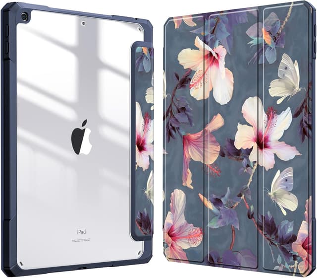 Detalle de Fintie Hybrid Hülle mit Stifthalter für 10,2" iPad (9./8./7. Gen, 2019–2021) – Stoßschutz mit transparenter Rückseite, Hibiskus