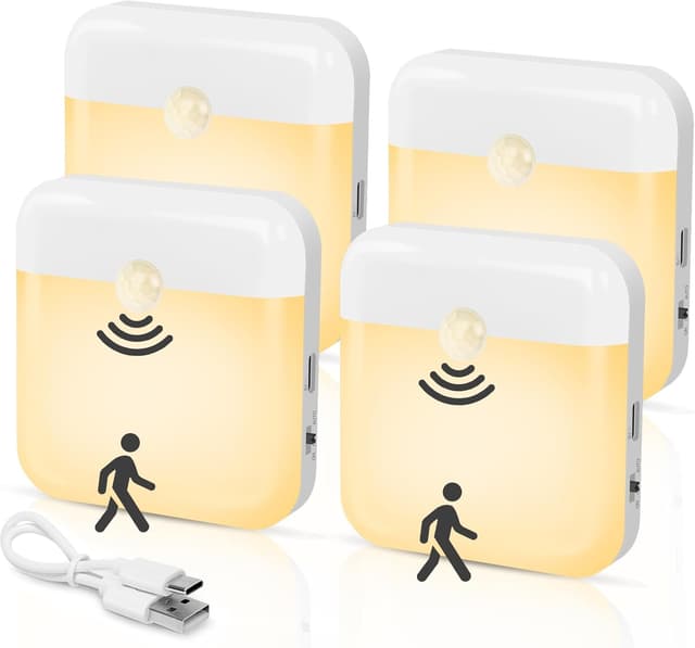 Detalle de QIHANS 4er-Set wiederaufladbares Nachtlicht mit Bewegungsmelder, warmweiß 3000K (20 LEDs), magnetisch