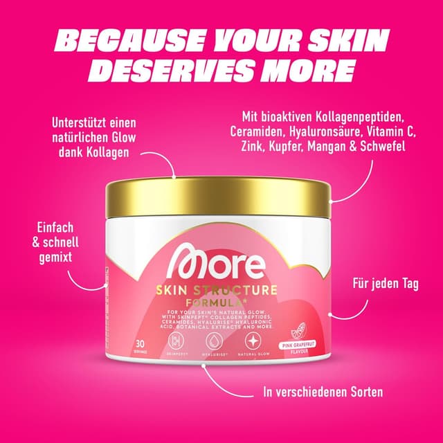 Detalle de MORE Skin Structure Formula Pink Grapefruit Pulver (mit Kollagen & Hyaluron), 270 g – zur täglichen Einnahme