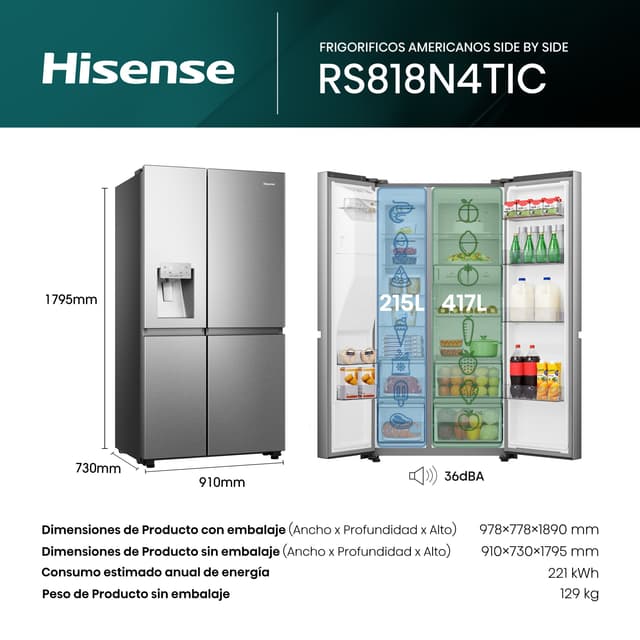Thumbnail 1 de Hisense RS818N4TIC Frigorífico Americano 📦
