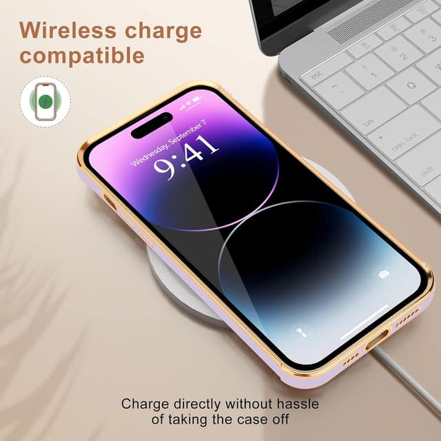 Detalle de Urarssa iPhone 14 Pro case in purple with bling heart design and shockproof bumper