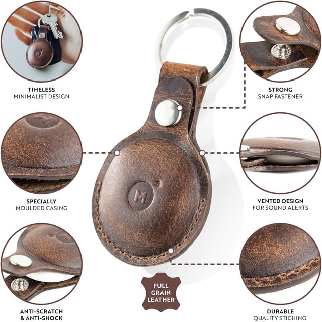 Detalle 2 de Moonster porte-clés AirTag en cuir de buffle pleine fleur — étui cuir renforcé avec fermeture à cliquet