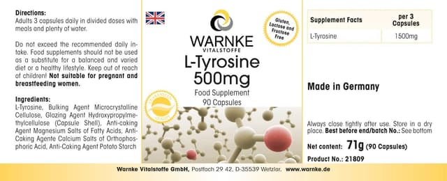 Detalle de Warnke L‑Tirosina 500 mg 90 capsule vegane 💊