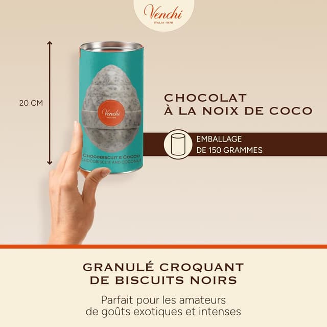 Detalle de Venchi Œuf au chocolat à la noix de coco, éclats de biscuit noir (150 g) sans gluten, avec surprise