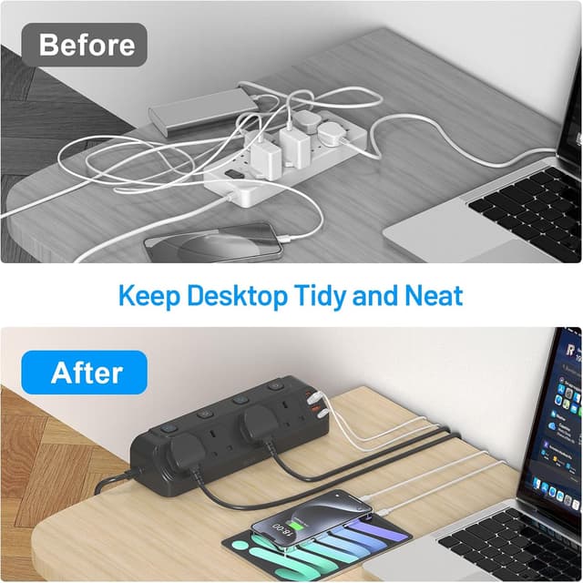 Detalle de BEVA Desk Extension Lead 1.8m: 4-way switched extension socket with PD20W USB charging