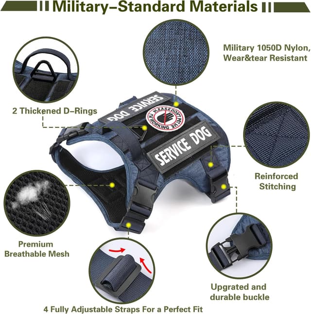 Detalle de Belababy Tactical Anti Pull Dog Harness (Denim Blue) with Handle, Adjustable Front Clip – Size L