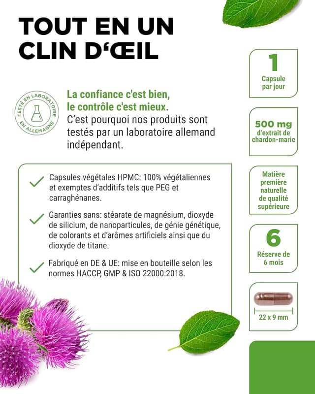 Detalle de vit4ever Extrait de Chardon-Marie – 180 gélules véganes (500 mg) avec 80% de silymarine