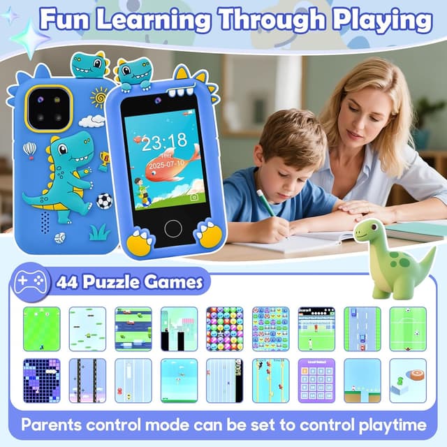 Detalle de Jusvenmt Kids Phone for Boys (Dinosaur) with 2.8" Touchscreen, Dual Camera, 44 Games, 32GB Card