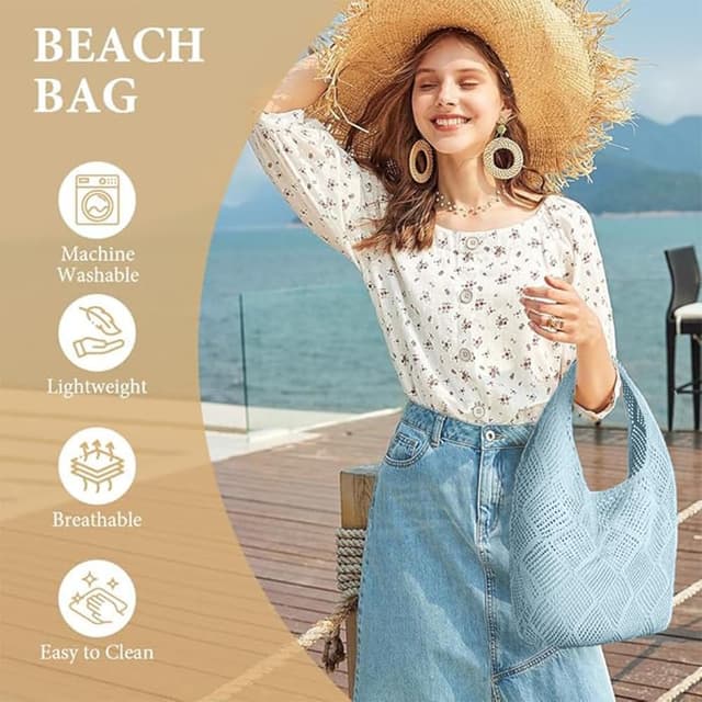 Detalle 2 de Aucuu sac fourre-tout femme en crochet ajouré, grand cabas en tricot pour le shopping et le quotidien