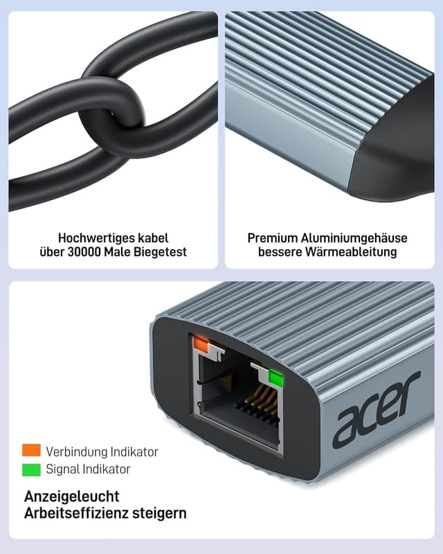 Detalle de acer USB‑C auf Ethernet Adapter (Thunderbolt 3/4 kompatibel) auf RJ45 Gigabit LAN