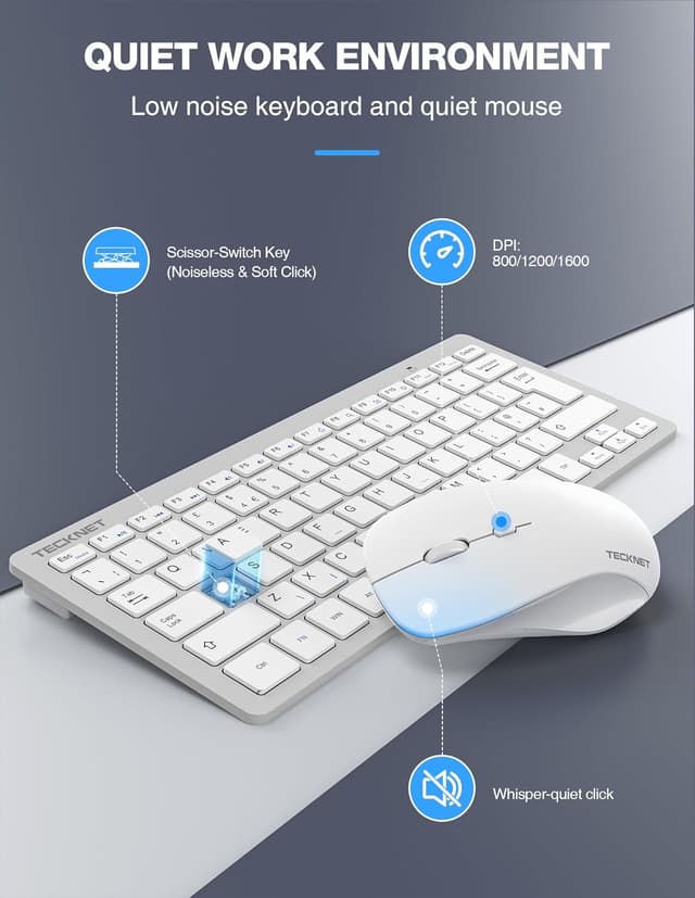 Detalle de TECKNET Mini Wireless Keyboard and Mouse Set (2.4G) with Nano USB Receiver and Silent Mouse, Silver