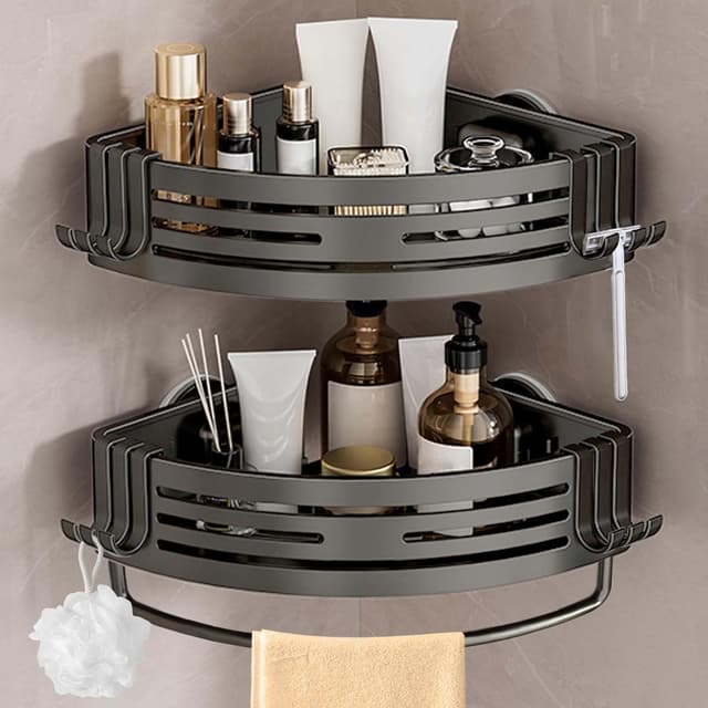 Detalle de Lekesky Corner Shower Caddy with Suction Cup (90°) and Towel Bar, Aluminium 2-Pack, Gunmetal Gray