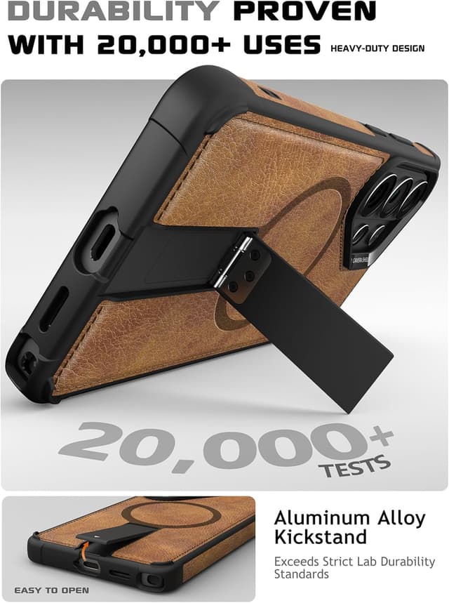 Detalle 2 de VAUSERDY Strong Magnetic Leather Case for Samsung Galaxy S26 Ultra (MagSafe, Kickstand, Shockproof) – Brown