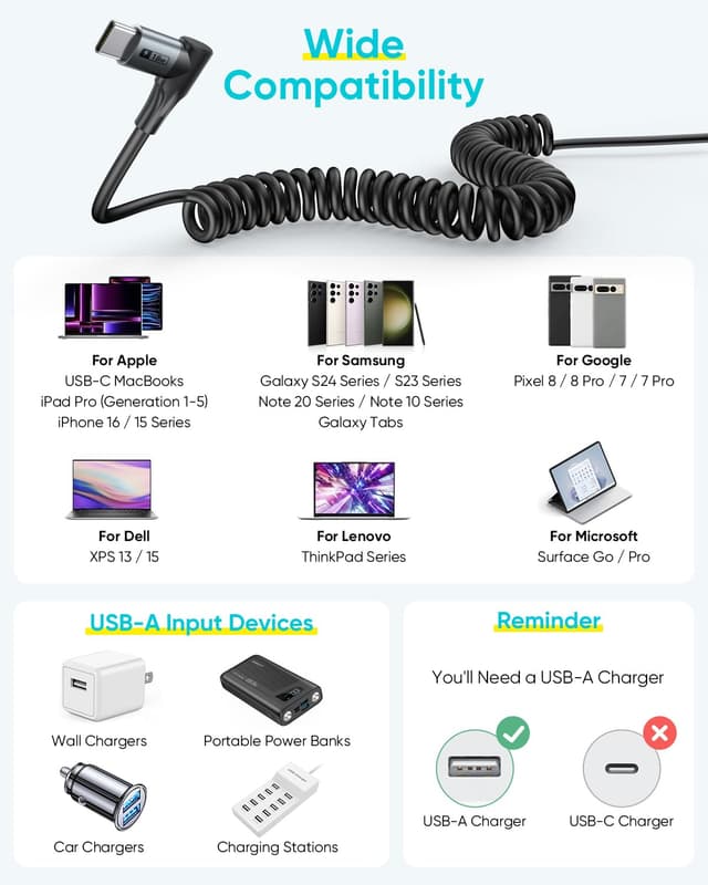 Thumbnail 6 de SUNGUY câble USB-C spiralé à angle droit 1,8 m (2 pièces) USB-A vers USB-C pour CarPlay & Android Auto