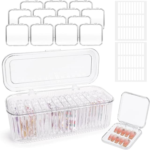 Detalle de Inmorven Press On Nail Organiser Kit (14 clear cases + 1 big acrylic storage box + 60 double-sided tape strips)