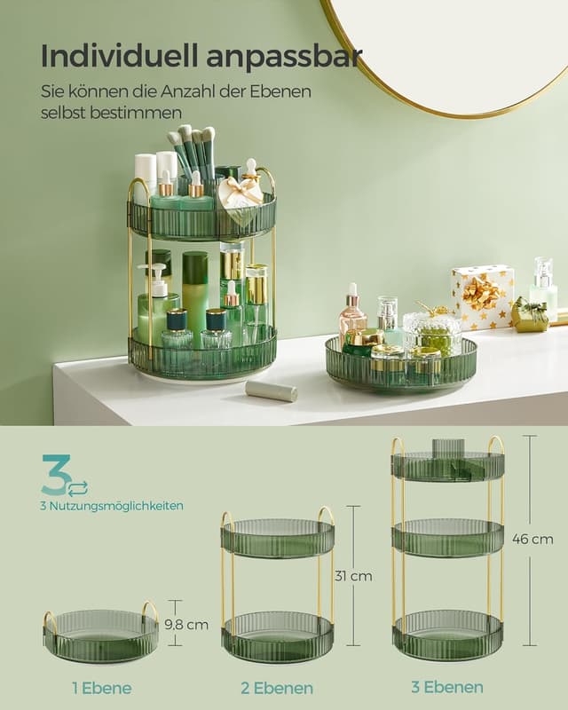 Detalle 2 de SONGMICS Make-up Organizer drehbar JKA011C01 mit 3 Ebenen (360°) – Kosmetik-Aufbewahrung für den Schminktisch in Hellgrün