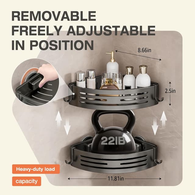 Detalle 2 de Lekesky Corner Shower Caddy with Suction Cup (90°) and Towel Bar, Aluminium 2-Pack, Gunmetal Gray