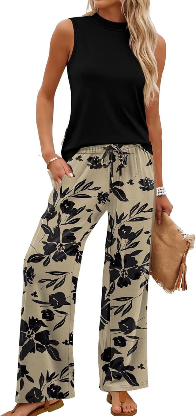 Detalle de WIHOLL Two-Piece Women’s Mock Neck Top and Wide-Leg Pants Set for Summer, Travel, and Airport Days
