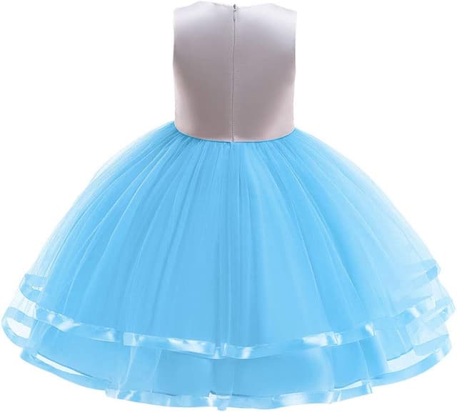 Detalle de URAQT Mädchen Prinzessin Kleid mit Einhorn-Design (inkl. Halskette & Stirnband) – Blau, 110 cm