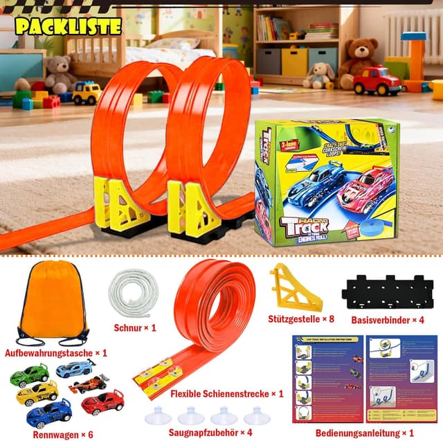Detalle 2 de EKXXHVLS Rennbahn Kinder 5M – flexible Autorennbahn mit 6 Autos, Dual-Loop & Rampen (Orange)