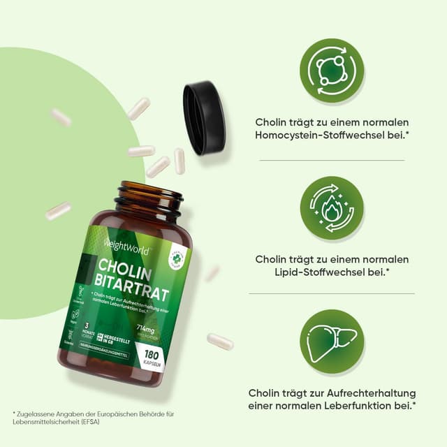 Detalle de WeightWorld Cholin Bitartrat Kapseln – 714 mg pro Portion, 180 Kapseln (für 3 Monate)