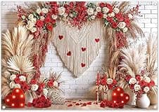 Detalle de Luminora 7x5ft Red & White Boho Valentine’s Day Backdrop with Rose Heart Macramé & Pampas Grass