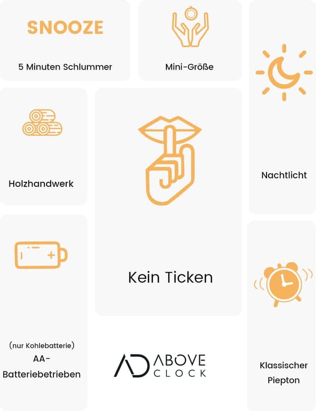 Detalle 2 de aboveClock Analog-Wecker aus Holz ohne Ticken mit Snooze und Nachtlicht (Naturholz hellbraun)
