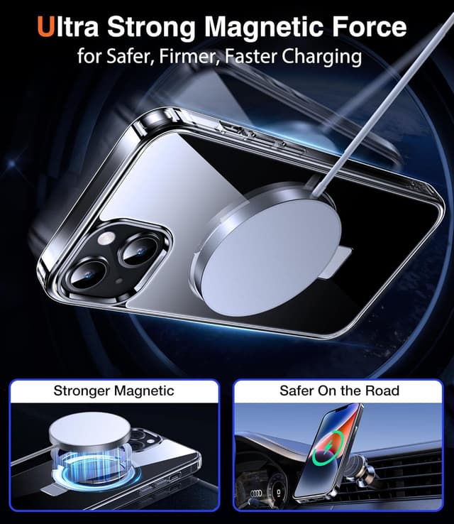 Detalle de Chicfun 3-in-1 MagSafe case for iPhone 13/14 with Magnetic stand, kickstand and ring grip (clear)