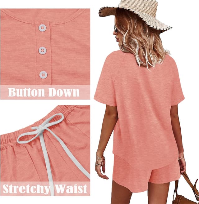 Detalle 2 de WIHOLL Women’s Two-Piece Lounge Set (Button-Down Top & Pocket Drawstring Shorts)