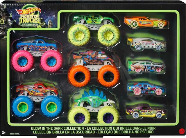 Detalle de Hot Wheels Monster Trucks 10-Pack (Glow-in-the-Dark) 1:64 Scale, 5 Trucks & 5 Cars Set