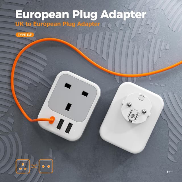 Detalle 2 de UK to Europe Plug Adapter with 3 USB (Type E/F Schuko) by TESSAN — EU Travel Adaptor for Multiple Countries