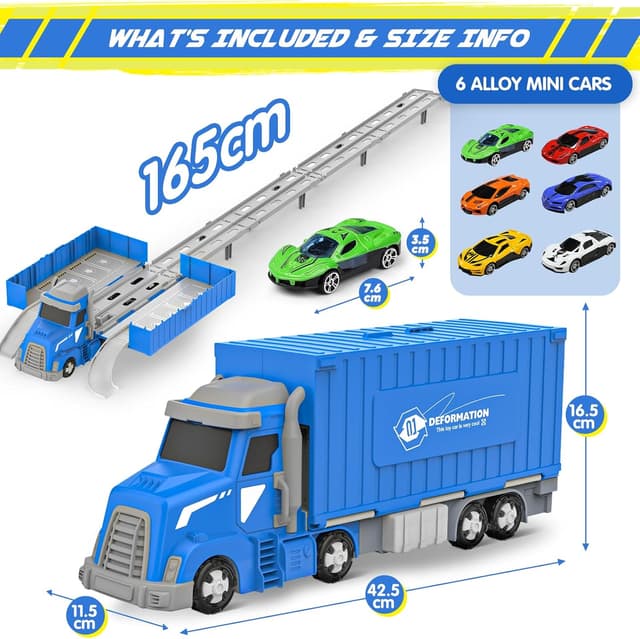 Detalle de maysida 3-in-1 Containerwagen Transport Truck mit faltbarer Rennbahn und 6 Spielzeugautos (ab 3 Jahren)
