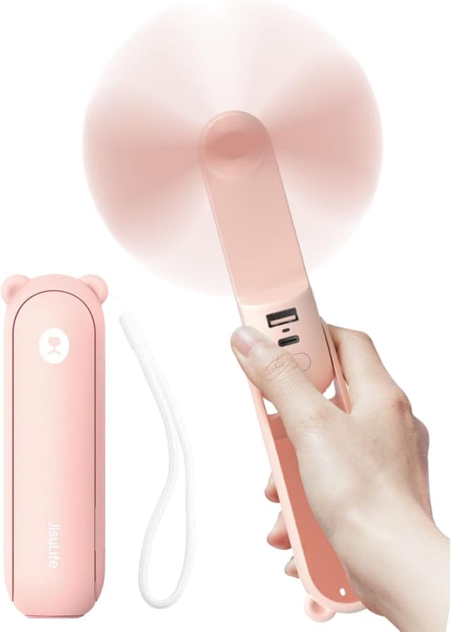 Detalle de JISULIFE handheld fan with 4500 mAh power bank (max 37 hours runtime) – pink
