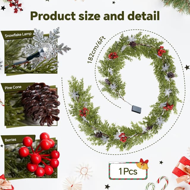 Detalle 2 de JDKPK 6FT Cedar Garland Decor with Lights 🎄