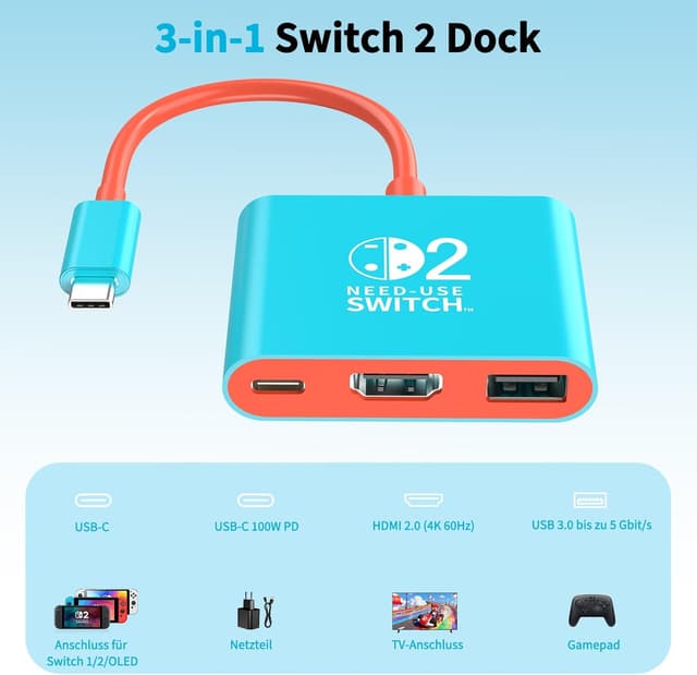 Detalle 2 de Reddening Switch 2 Docking Station als Ersatz für das offizielle Dock – 4K/60Hz, HDMI 2.0, PD 100W