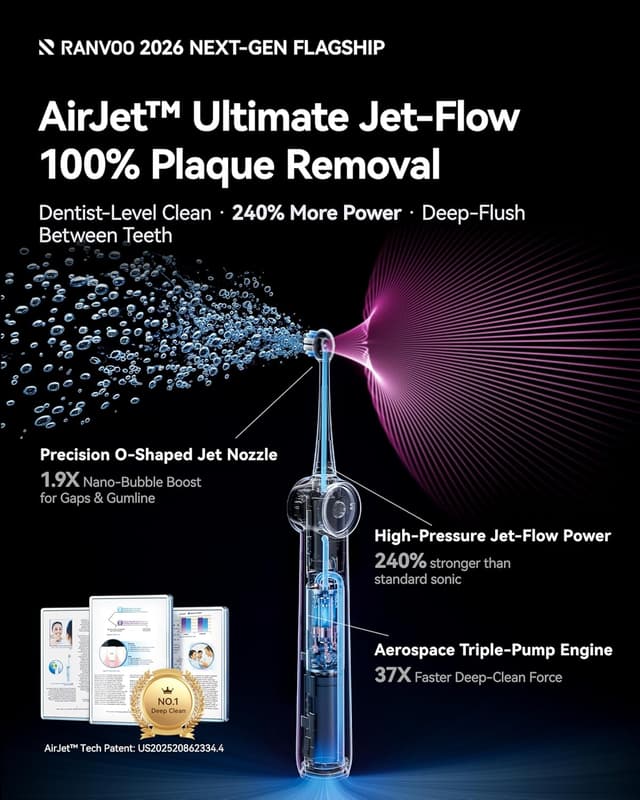 Detalle 2 de RANVOO AirJet X5 Sonic Electric Toothbrush (AirJet Jet-Flow, 60-Day Battery, 3 Pro Brush Heads) in Space Gray