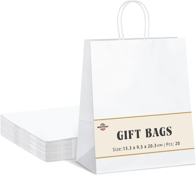 Detalle de Switory White Party Bags with Handles (20-pack) Kraft Paper Gift & Shopping Bags