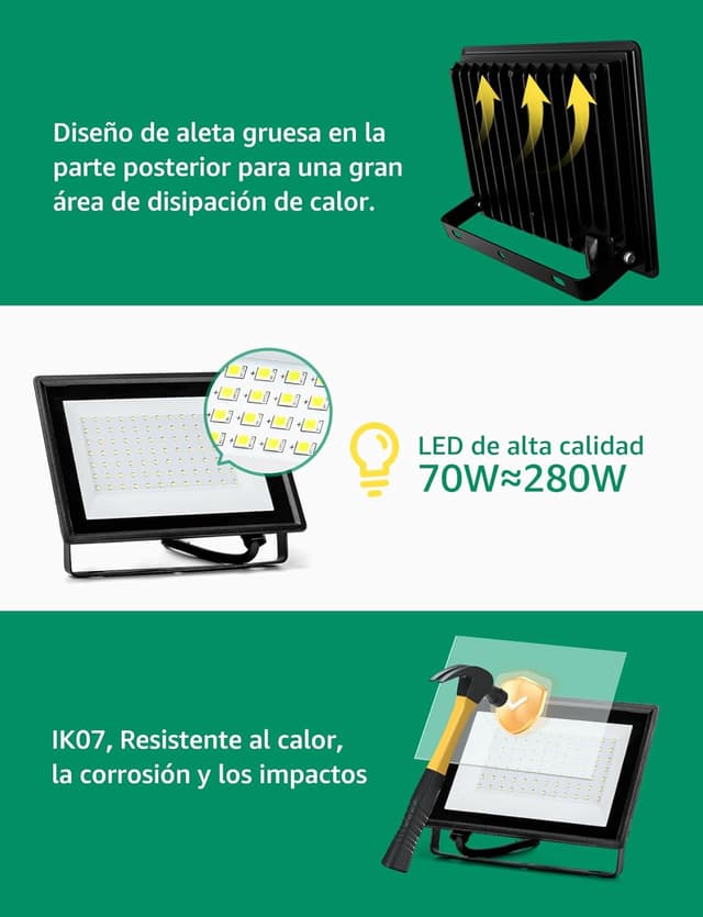 Detalle de Aigostar Faretto LED da esterno 70W 6100LM IP65 6500K bianca fredda (2 pezzi) con supporto regolabile