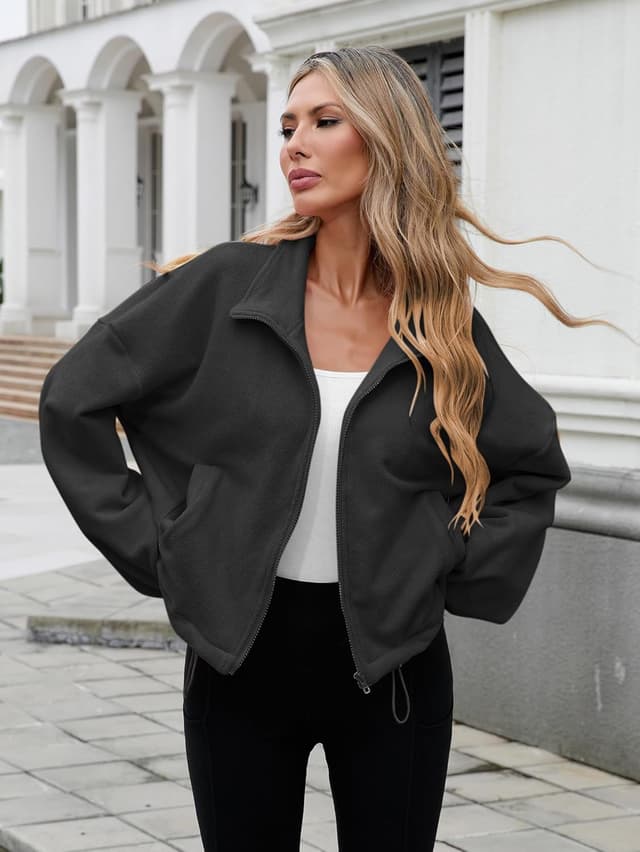 Detalle de Famulily women’s drawstring hem full-zip fleece cropped sweatshirt jacket with pockets (S–XL)